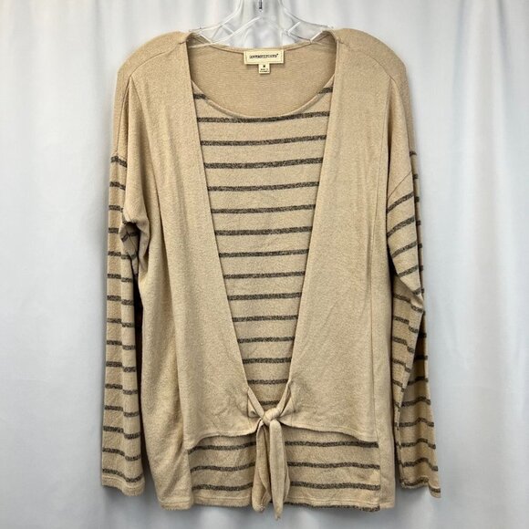 Coverstitched Womens Tan/Black Striped Tie Front Pullover Sweater Size Medium - Picture 1 of 8